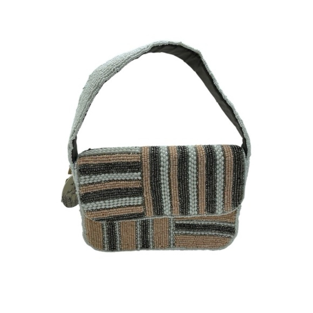 Studio 12 Beaded Shoulder Bag Geometric‎ Striped White Peach Charcoal India Hand